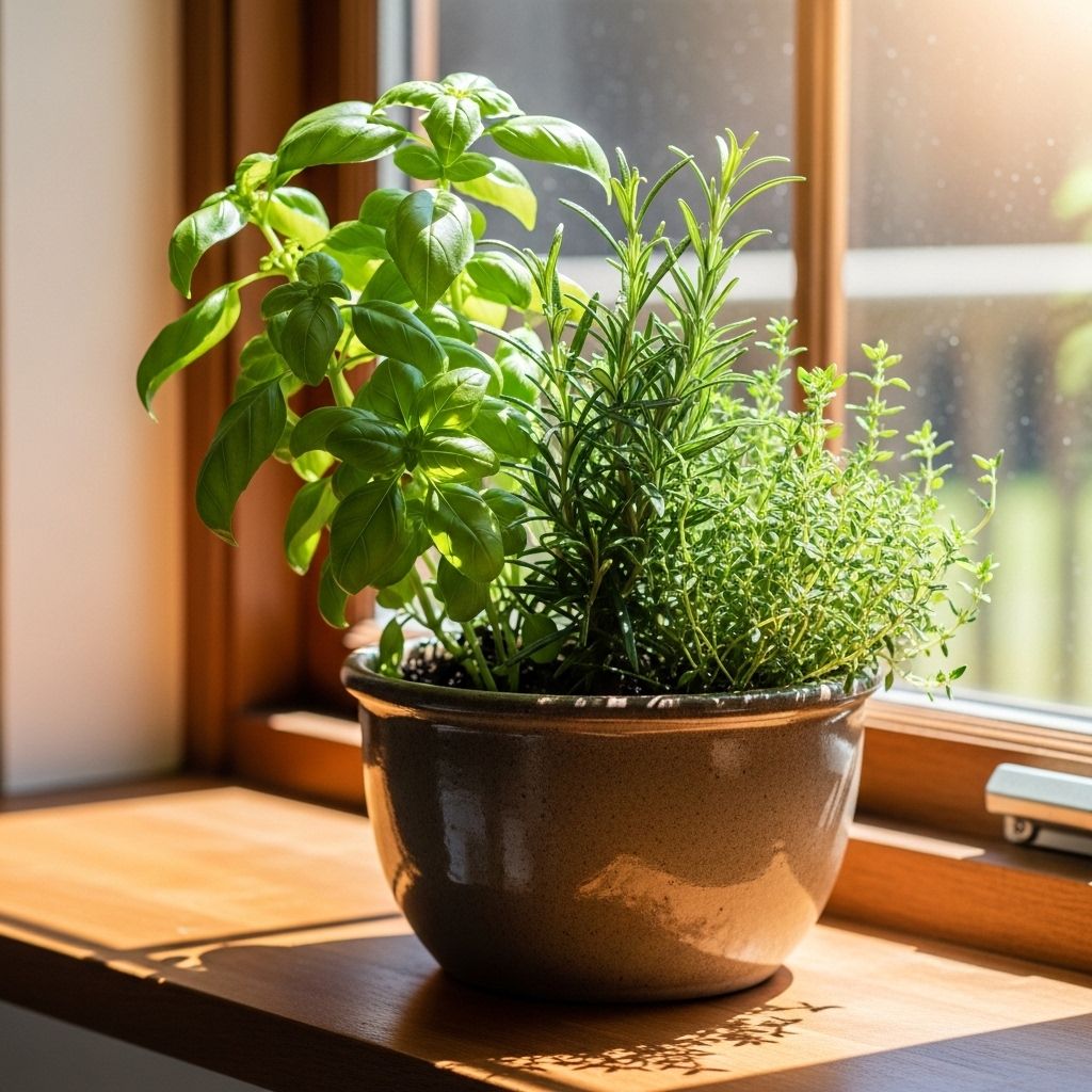 Fresh green herbs including basil, rosemary, and thyme in a ceramic pot on a sunlit kitchen windowsill