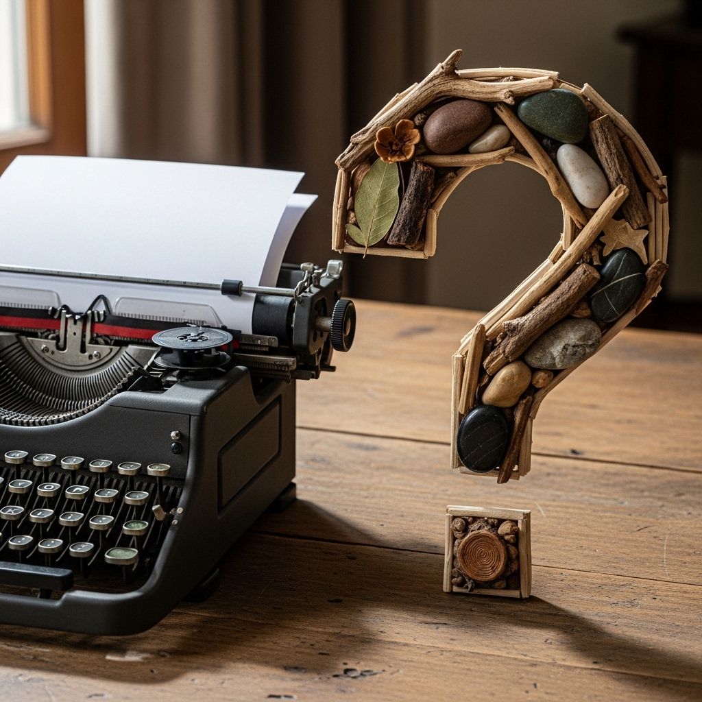 Typewriter with blank pages and a question mark symbol created with natural wooden elements on a desk
