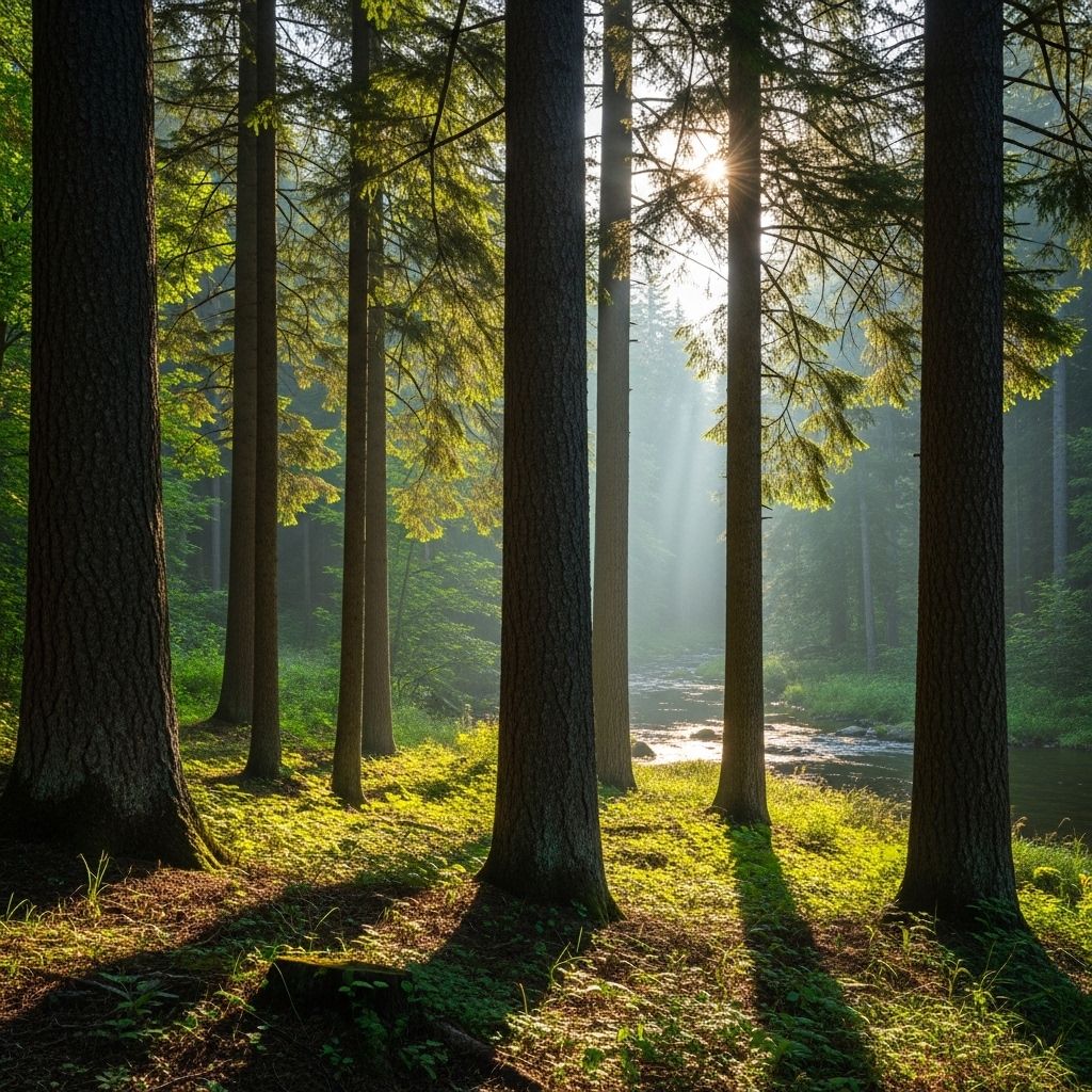 Serene forest landscape with soft morning light filtering through tall trees and a calm stream in the background